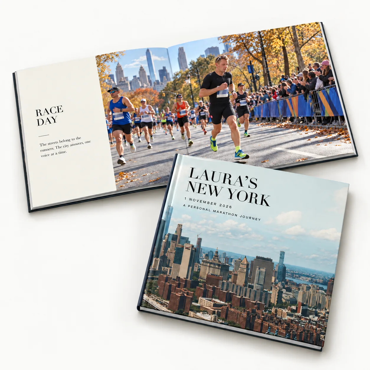 Digital mockup of Laura’s personalised 2026 New York hardcover beside its open Race Day spread