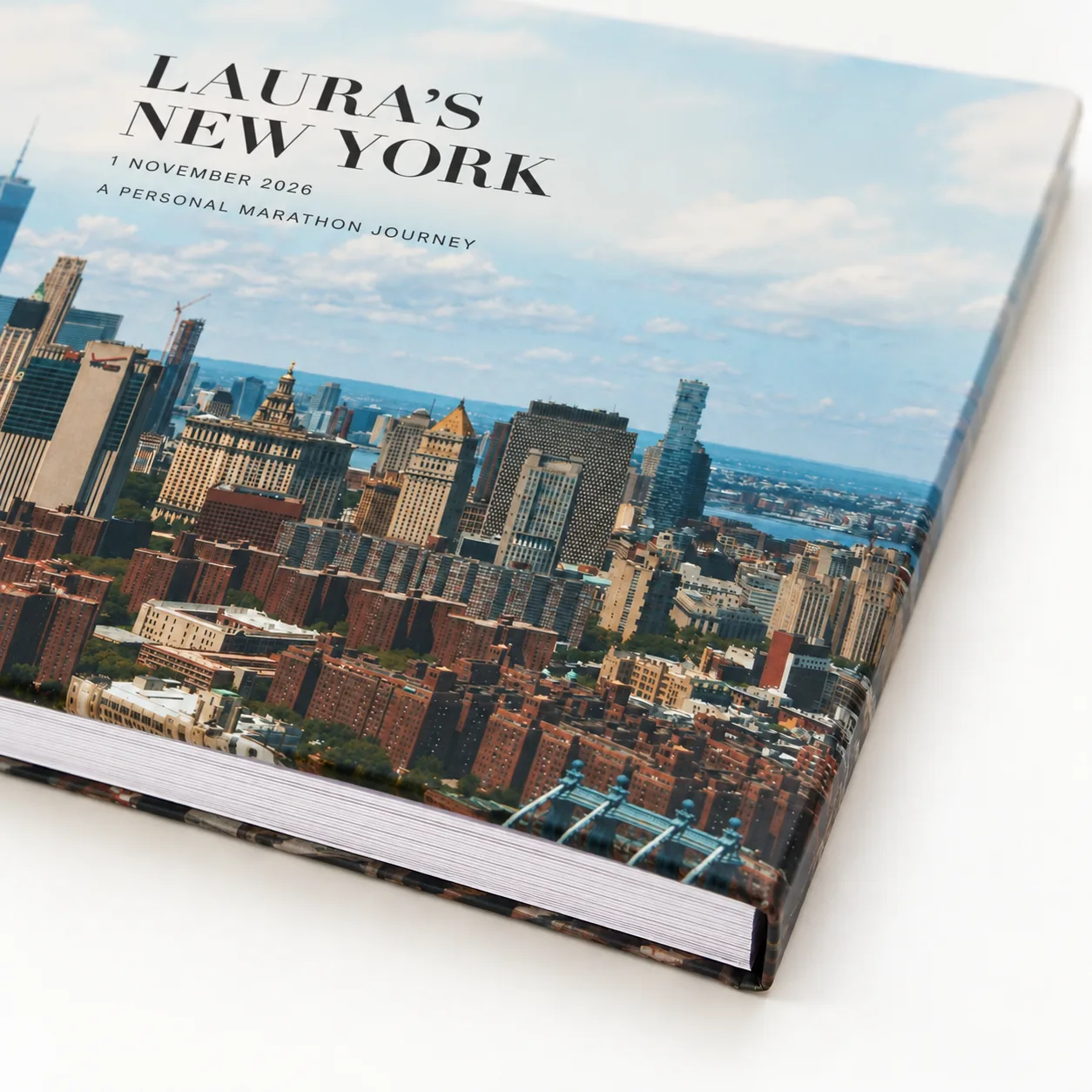 Digital close-up of the skyline cover, hardcover corner and white page edges